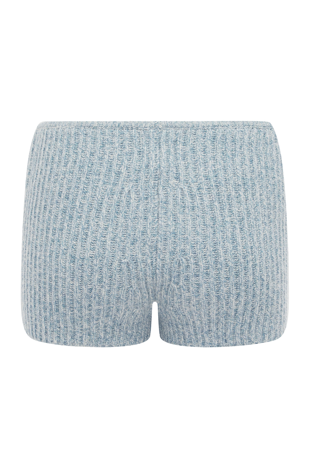Powder blue low-rise knitted shorts featuring a textured rib-knit construction and an elasticated waistband.