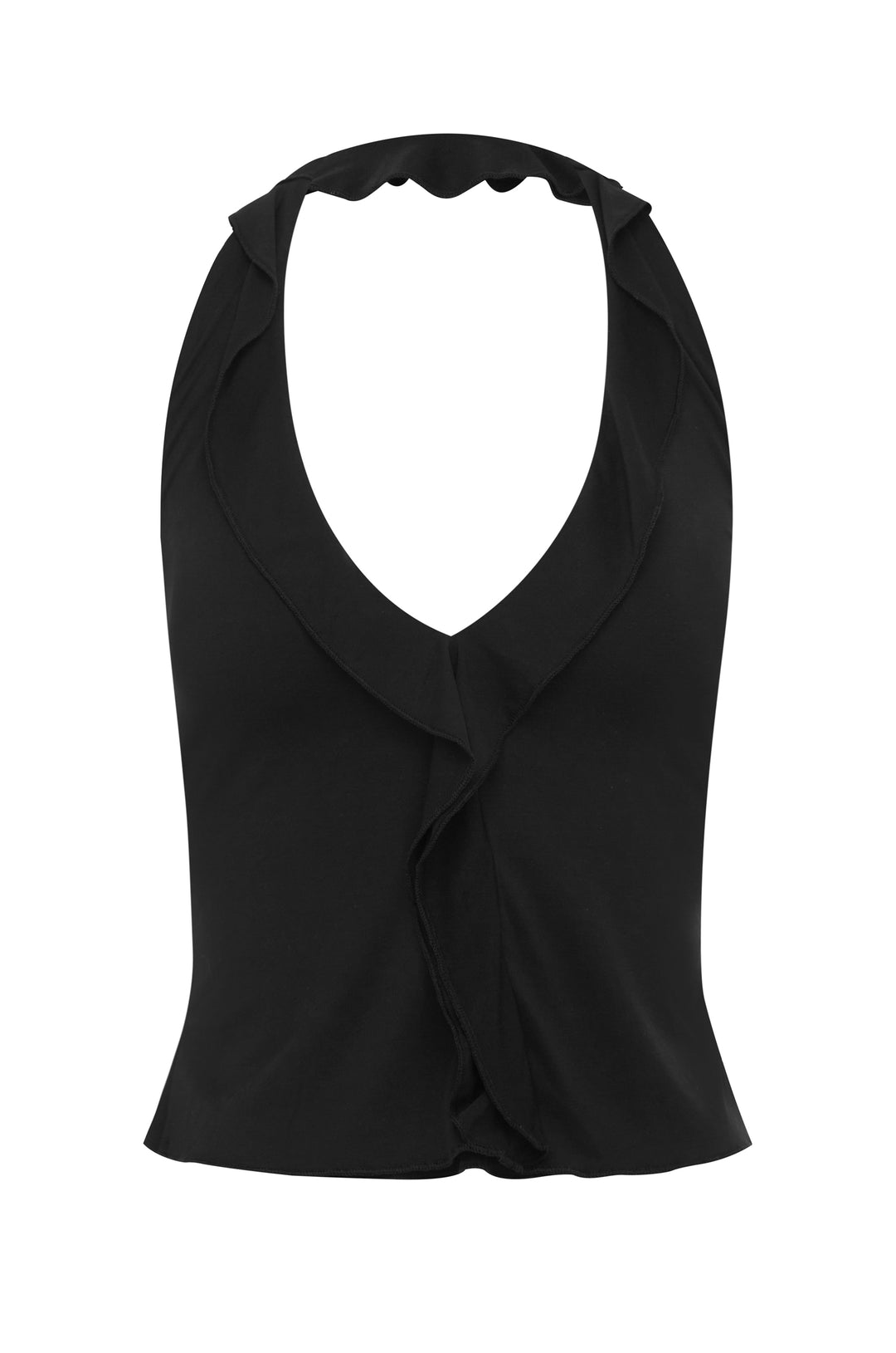 Black halter-style Ruby top featuring a ruffle-trim neckline and center front detail.