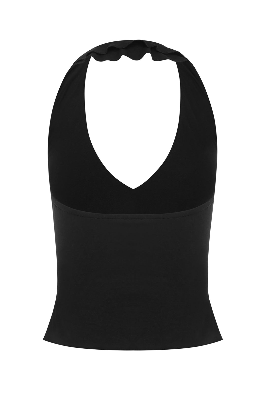Black halter-style Ruby top with a ruffle-trim neckline and open back design.