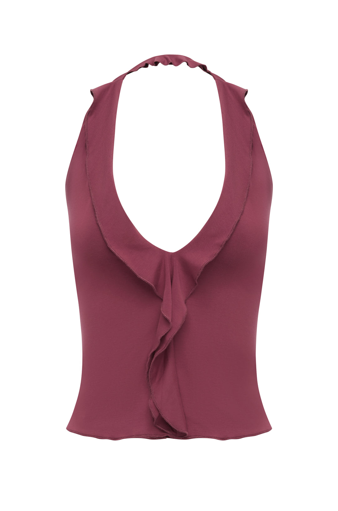 Plum-colored halter top with a ruffle-trim neckline and center front detail on a white background.