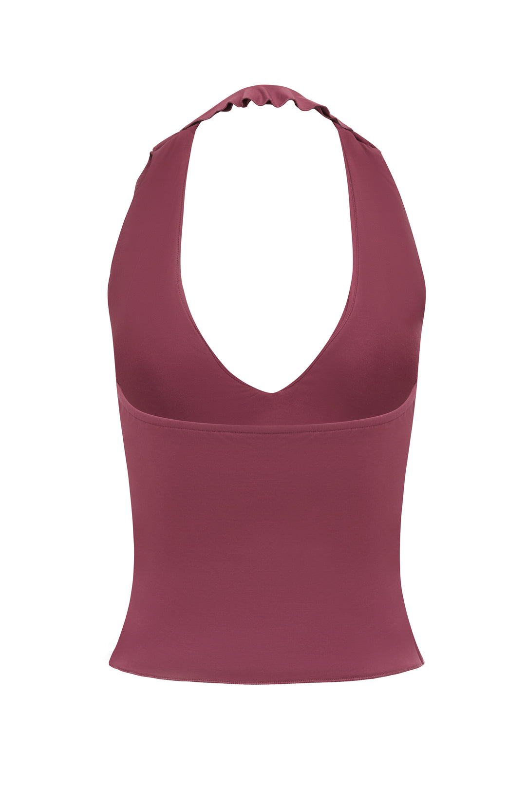 Plum-colored halter top with a ruffle-trim neckline, deep V-neck, and open back design.
