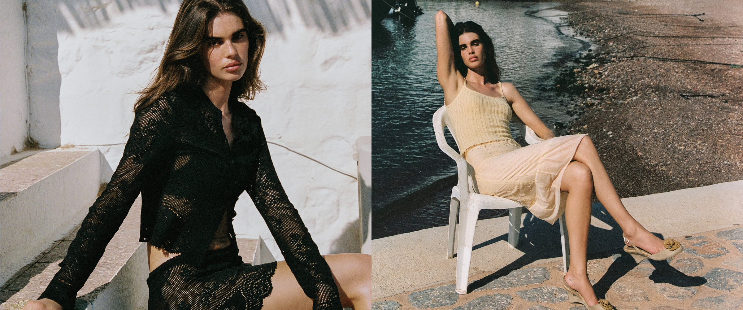 Split image: left, a woman wearing a black crochet lace top and skirt seated on white steps; right, a woman wearing a cream ribbed tank and skirt seated by the water