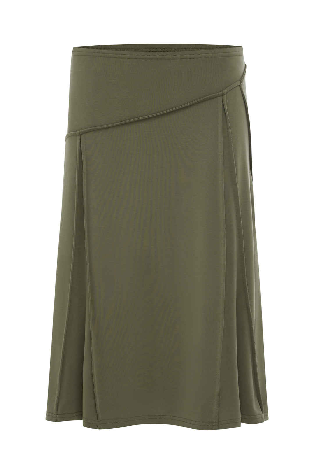 Slate midi-length skirt with an elasticated waistband and asymmetrical seam detailing in a soft, solid fabric.