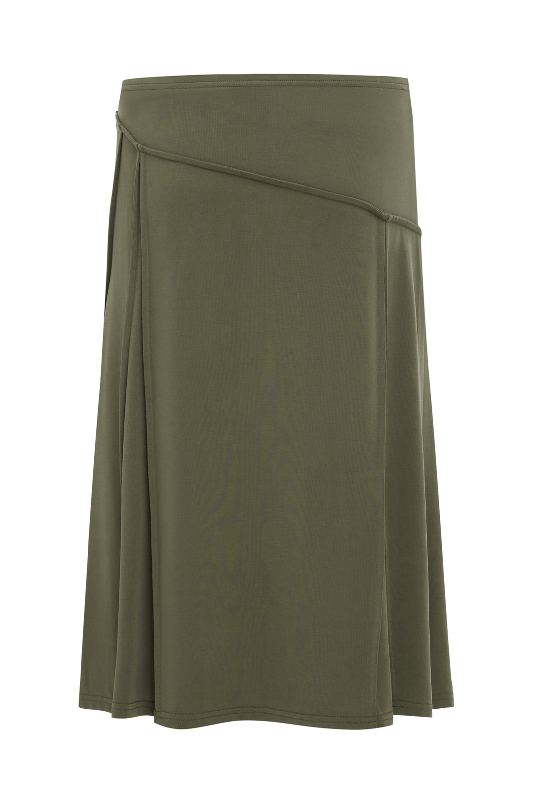 Slate midi-length skirt with an elasticated waistband and unique asymmetrical seam detailing in a soft olive tone.