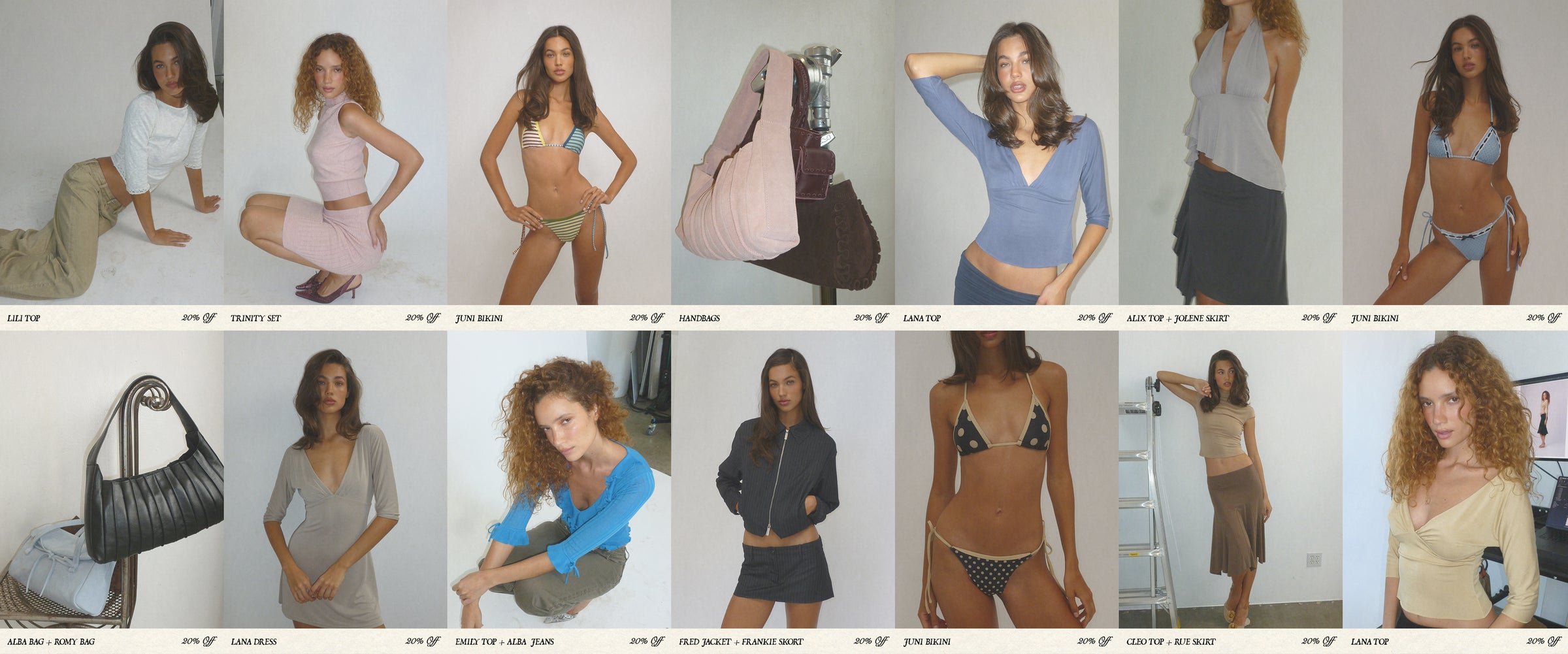 Grid of images featuring women in various poses and outfits on a plain background