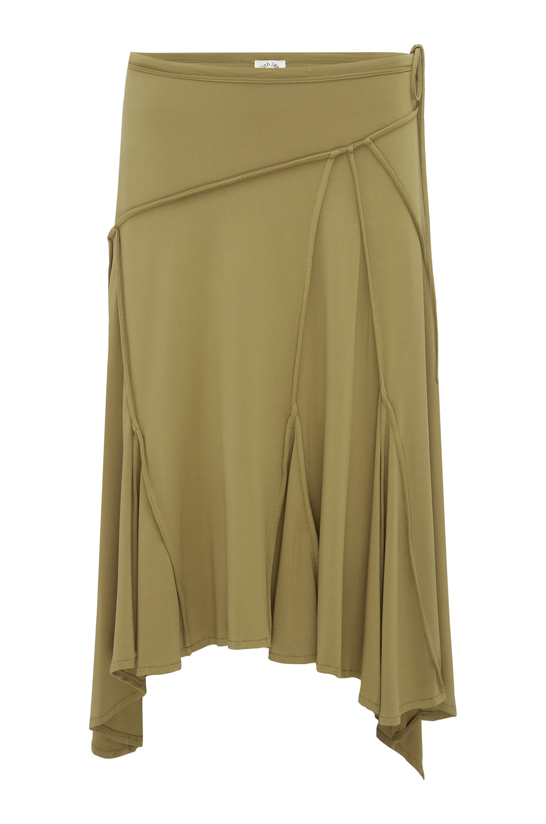 Olive Sharni midi skirt with an adjustable tie waistband and unique seam detailing.