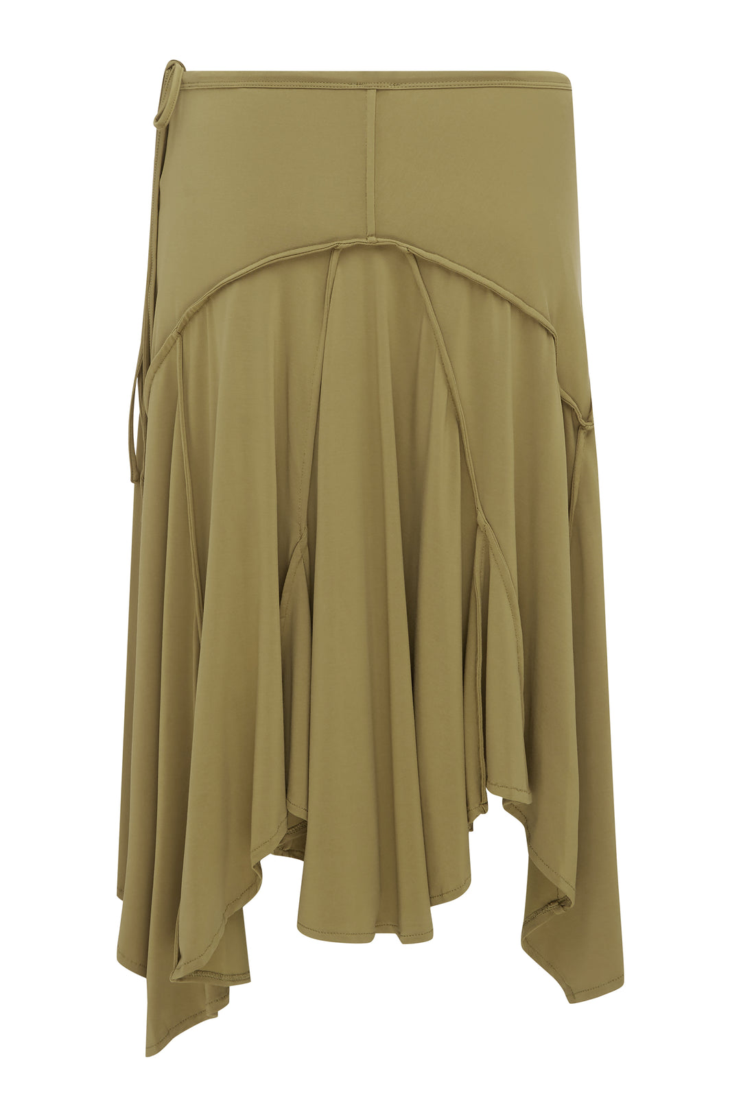Olive Sharni midi skirt with an adjustable tie waistband and asymmetric hem.
