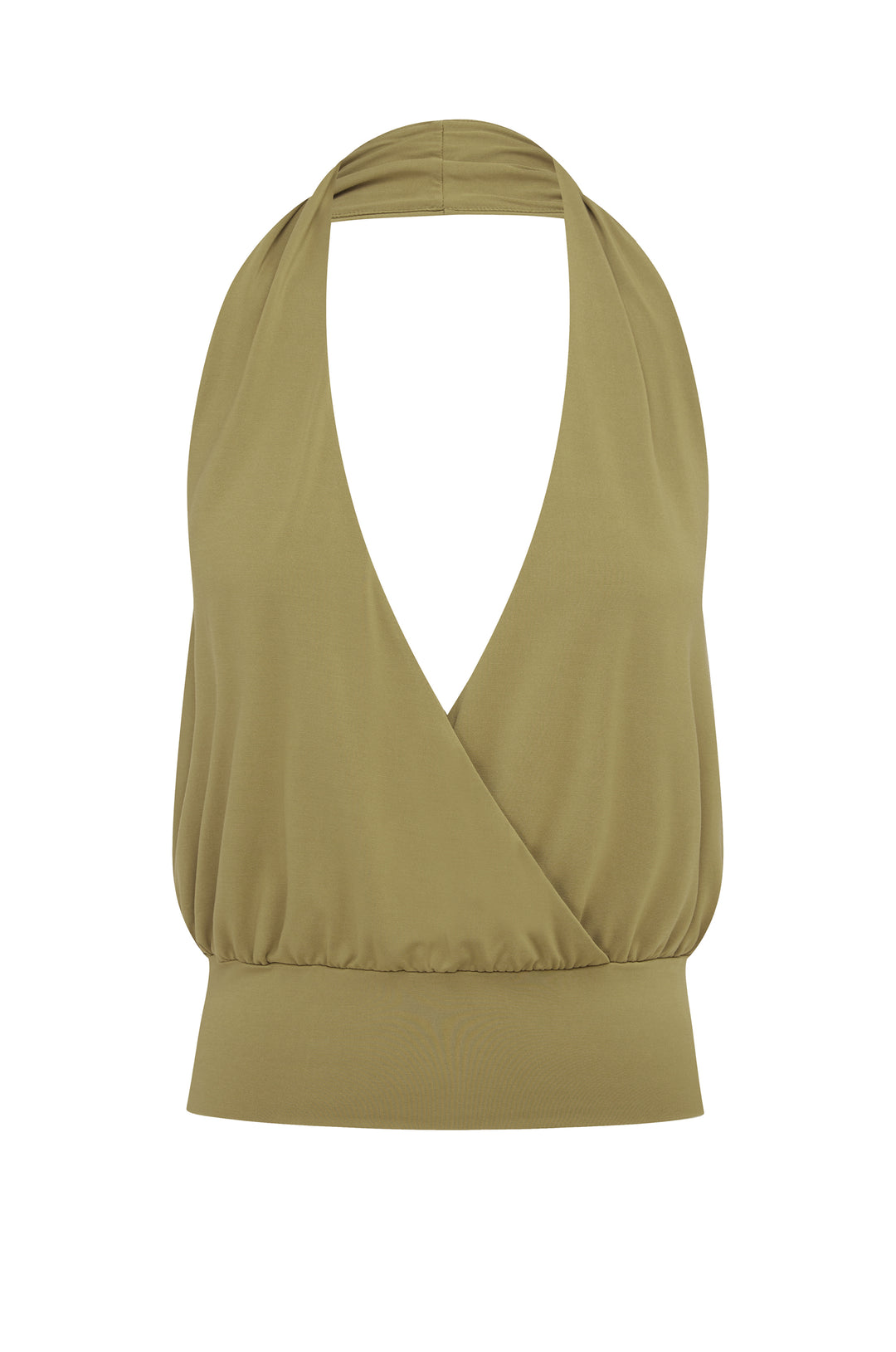 Olive Sharni Top, a halter-style wrap top with a deep V-neckline and fitted hem band.