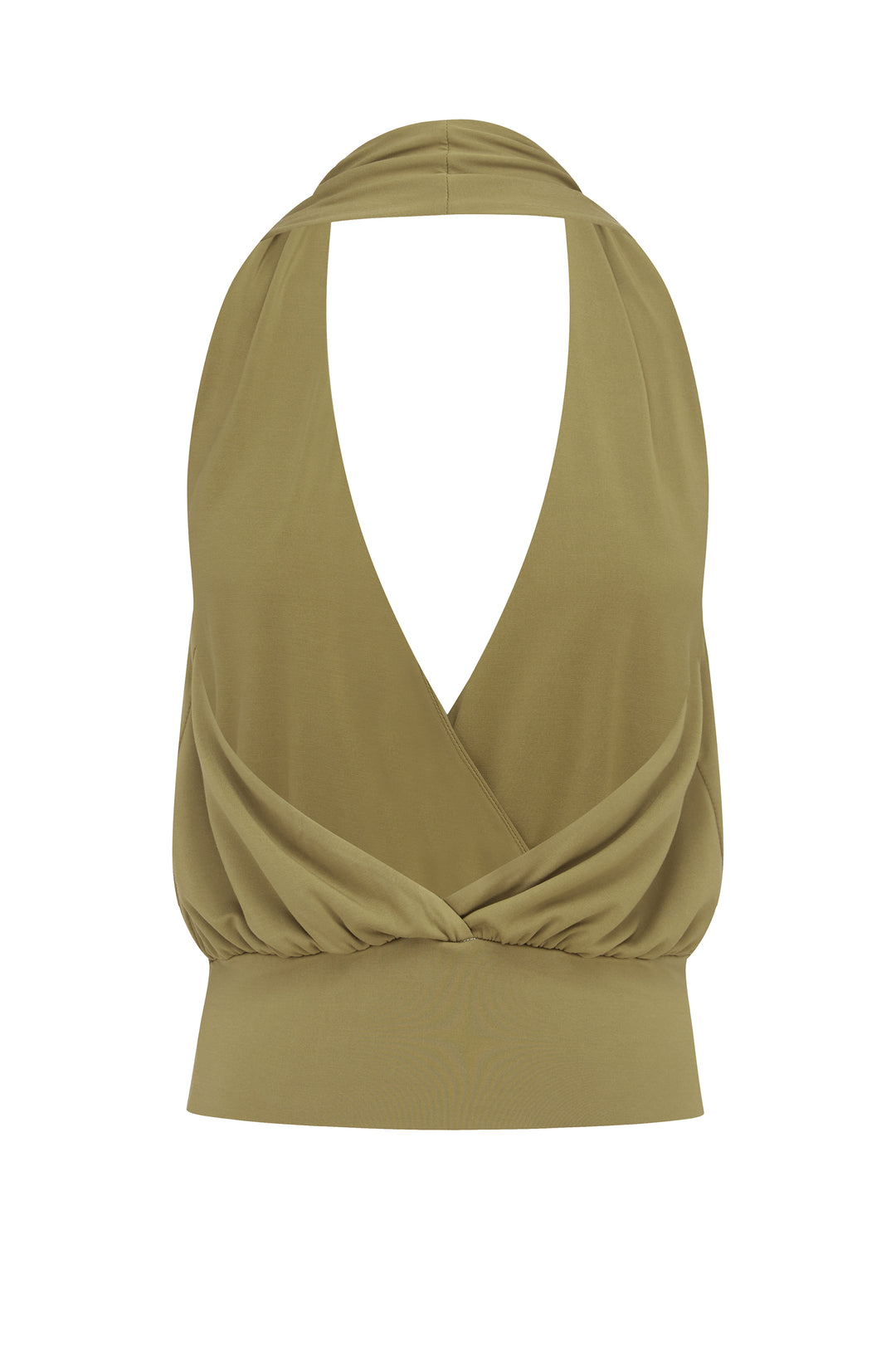 Olive Sharni Top: halter-style wrap top with V-neckline and fitted hem band.