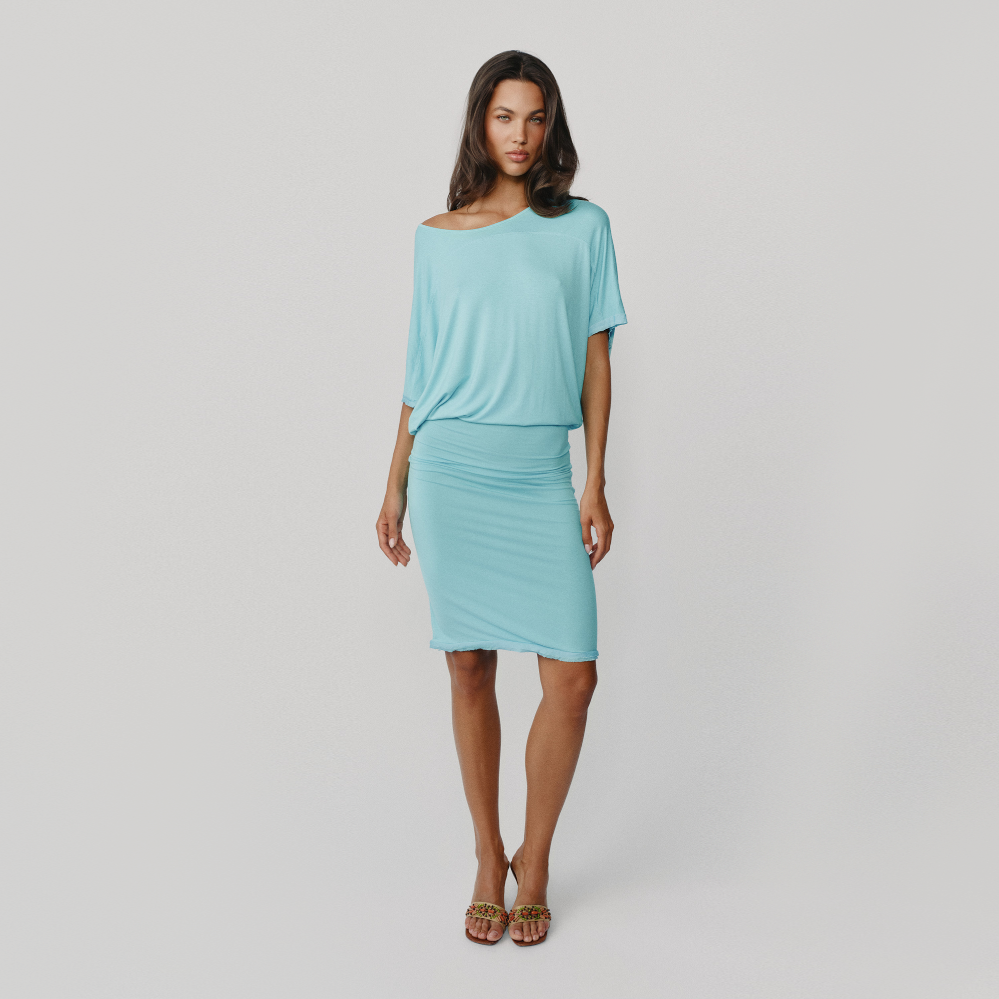 A woman modeling a light blue short sleeve knee-length dress, paired with leopard-print heeled sandals, against a solid light gray background.