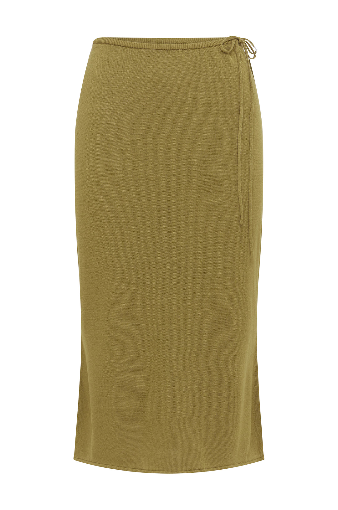 Olive green low-rise midi skirt in a soft knit fabric with an adjustable side-tie waistband and curved hem.
