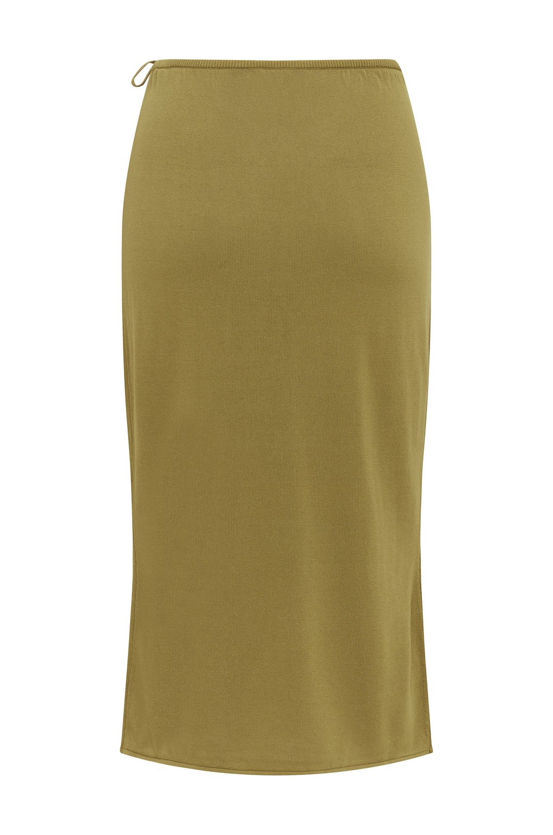 Olive green low-rise midi skirt with an adjustable side-tie waistband and a soft curved hemline.