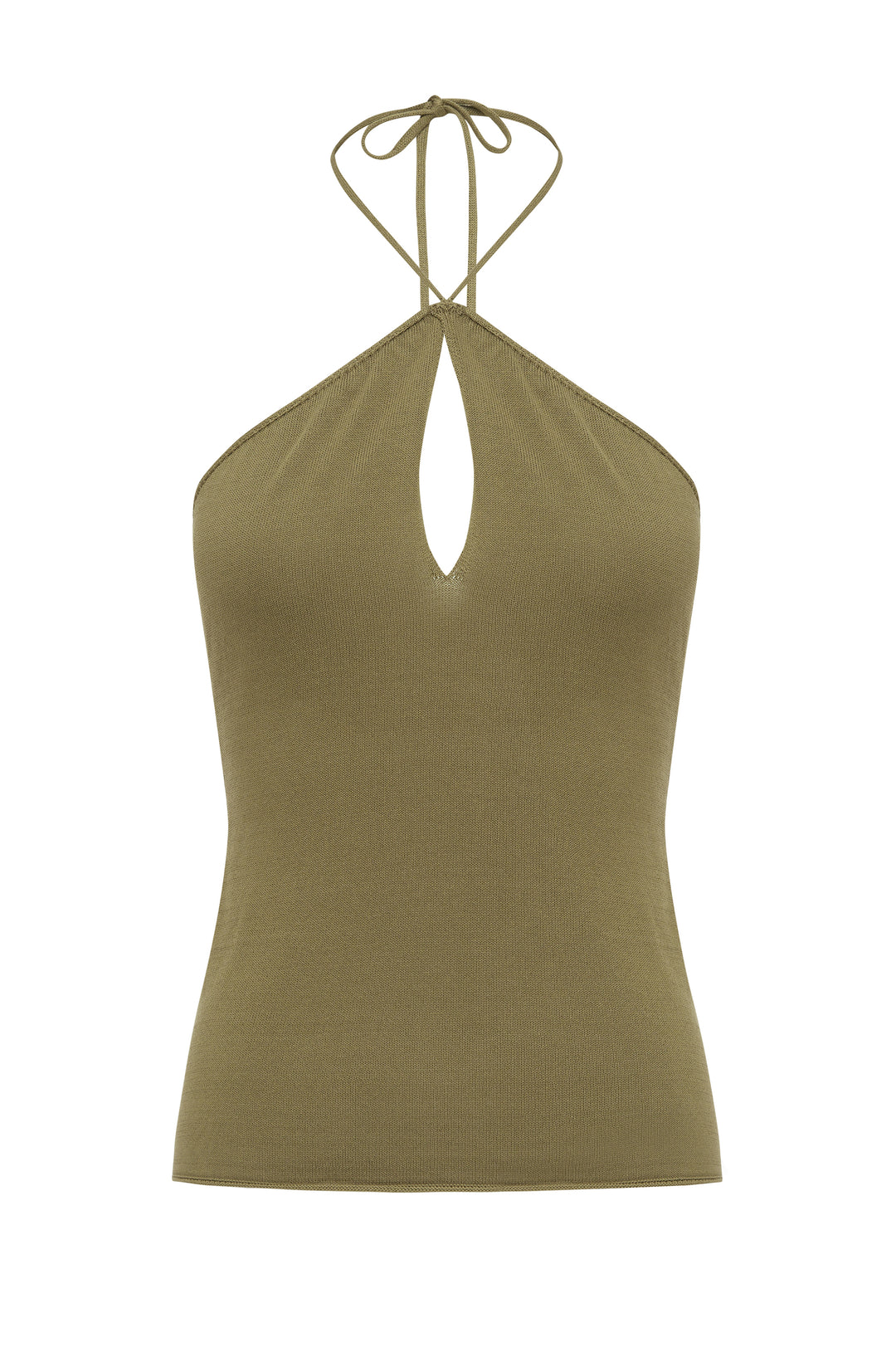 Pistachio green knitted halter top featuring a self-tie neck strap, front keyhole cutout, and a rolled hemline.
