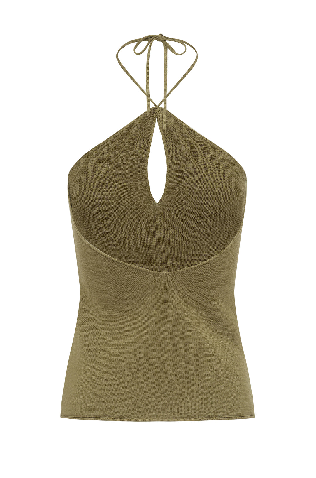 Pistachio green knitted halter top featuring a self-tie neck strap, front keyhole cutout, and a clean rolled hem.