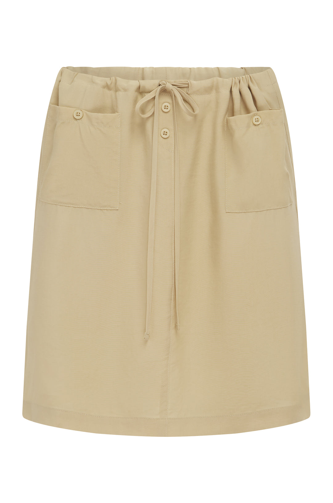 Beige low-rise Thea skirt with an adjustable drawstring waist, front patch pockets, and button detailing.
