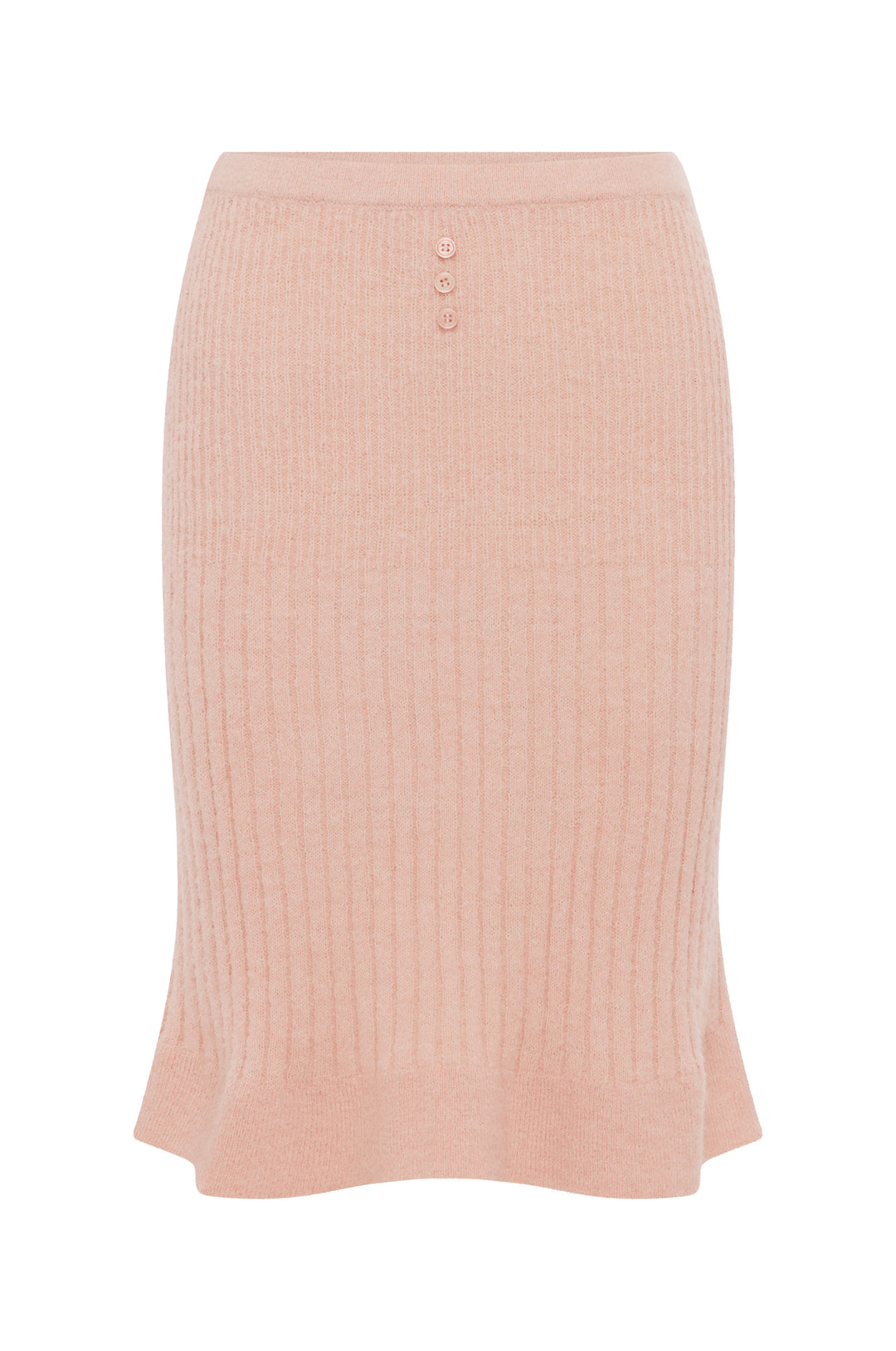 Pink knitted midi Trinity Skirt with elasticated waistband, center front buttons, and ribbed detailing.