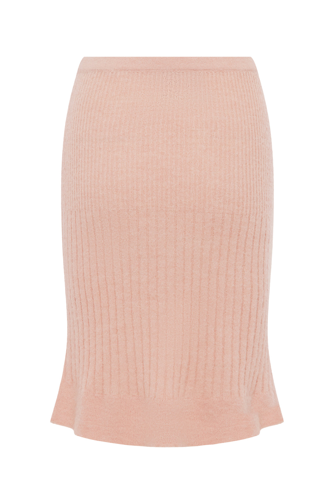 Pink knitted midi skirt with ribbed detailing and elasticated waistband.