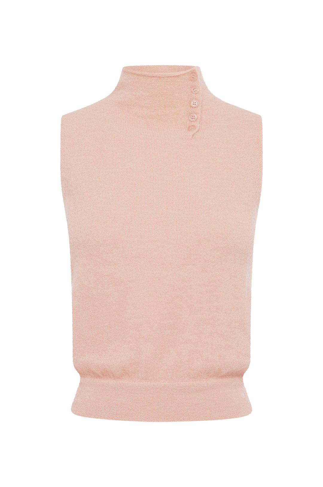 Pink knitted sleeveless Trinity Top with high neck, button closure, and fitted hem.