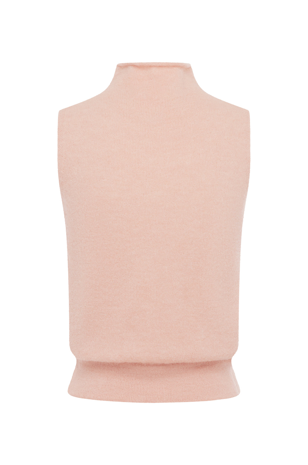 Pink knitted sleeveless Trinity Top with high neck and fitted hem.