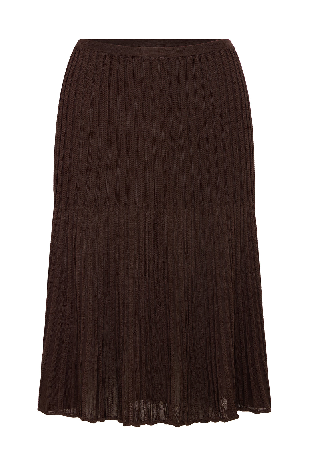 Chocolate brown ribbed-knit midi skirt with an elasticated waistband and contrasting vertical rib detailing.