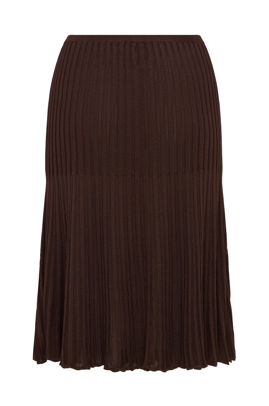 Chocolate brown midi skirt in a delicate ribbed-knit fabric with an elasticated waistband and flared hem.