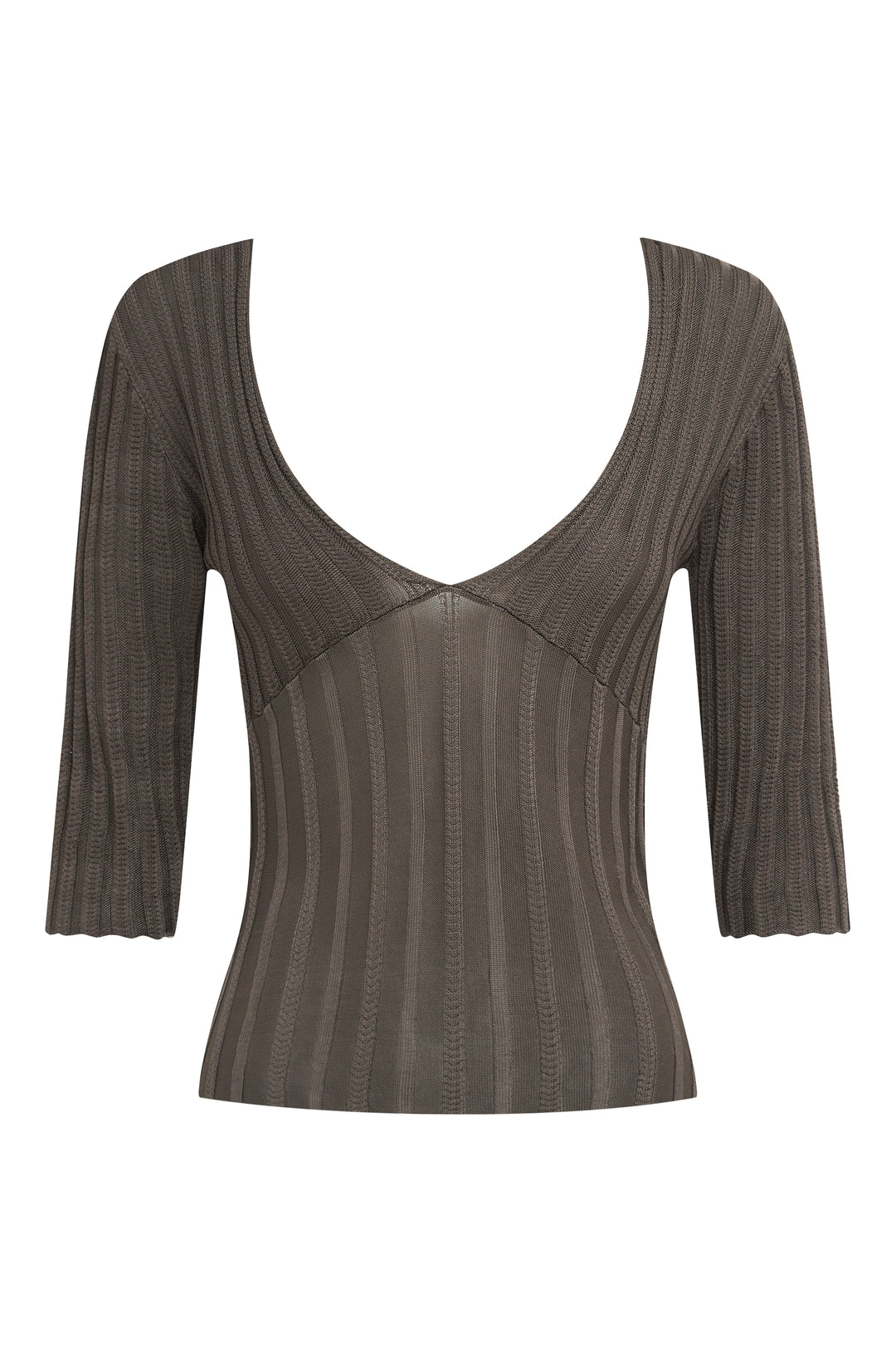 Smoke-colored Veda ribbed-knit top with a deep V-neckline, contrasting rib detailing, and half sleeves.