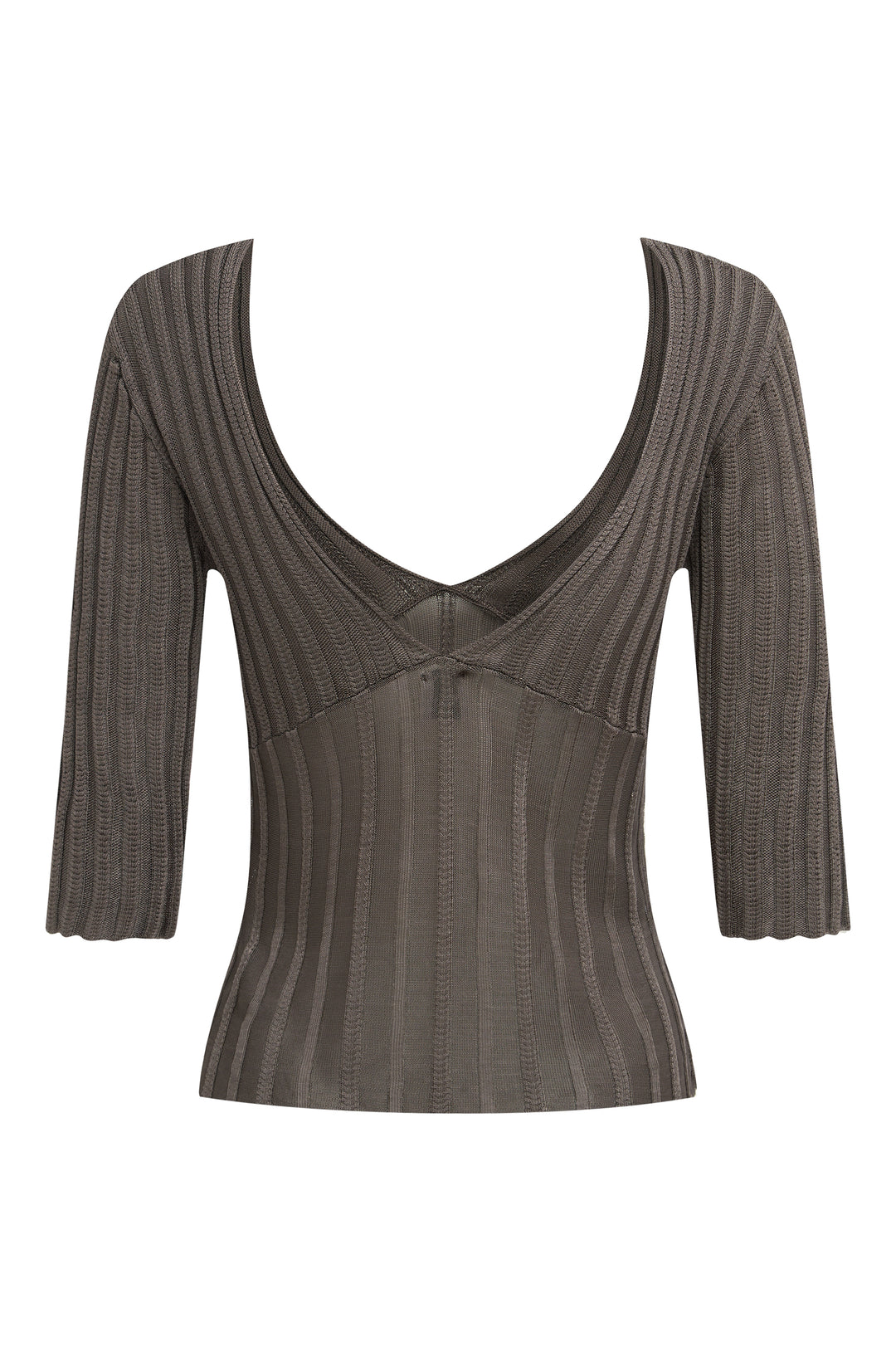 Smoke-colored Veda ribbed-knit top with a deep V-neckline, contrasting ribbing, and half sleeves.
