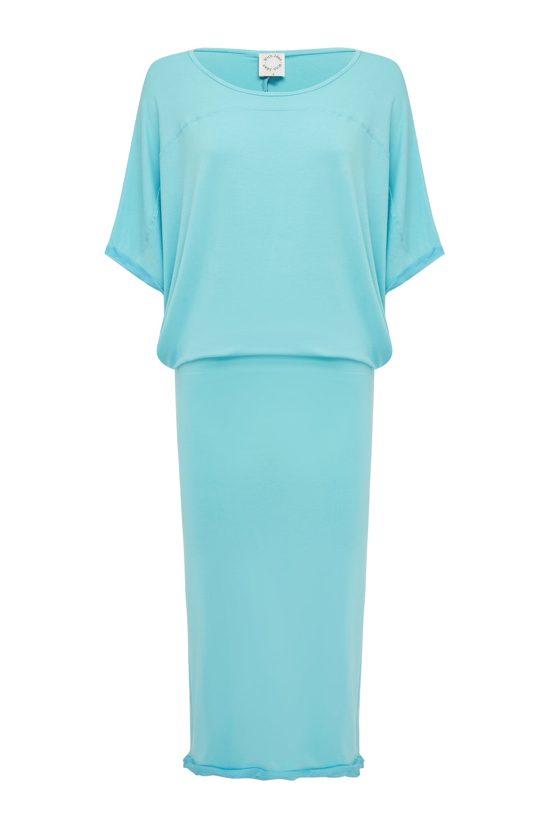 Aqua Vinnie midi dress with a relaxed off-the-shoulder neckline, short sleeves, and a fitted skirt with a raw edge hem.