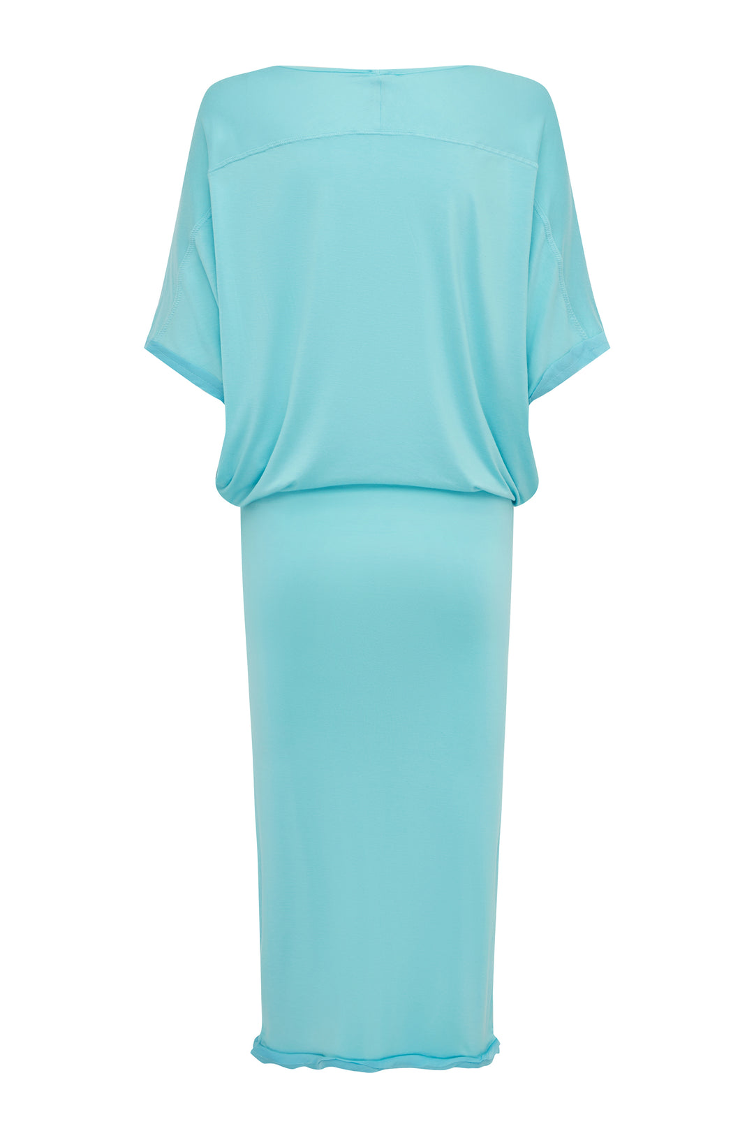 Back view of the aqua Vinnie dress featuring a relaxed off-the-shoulder fit, short sleeves, and a raw edge hem.