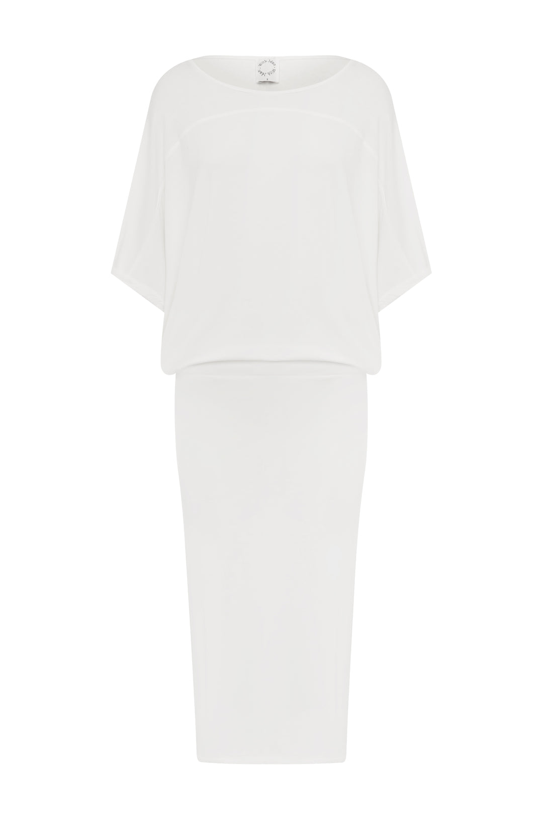 White Vinnie midi dress with an off-the-shoulder relaxed neckline, fitted body, and raw edge hem.