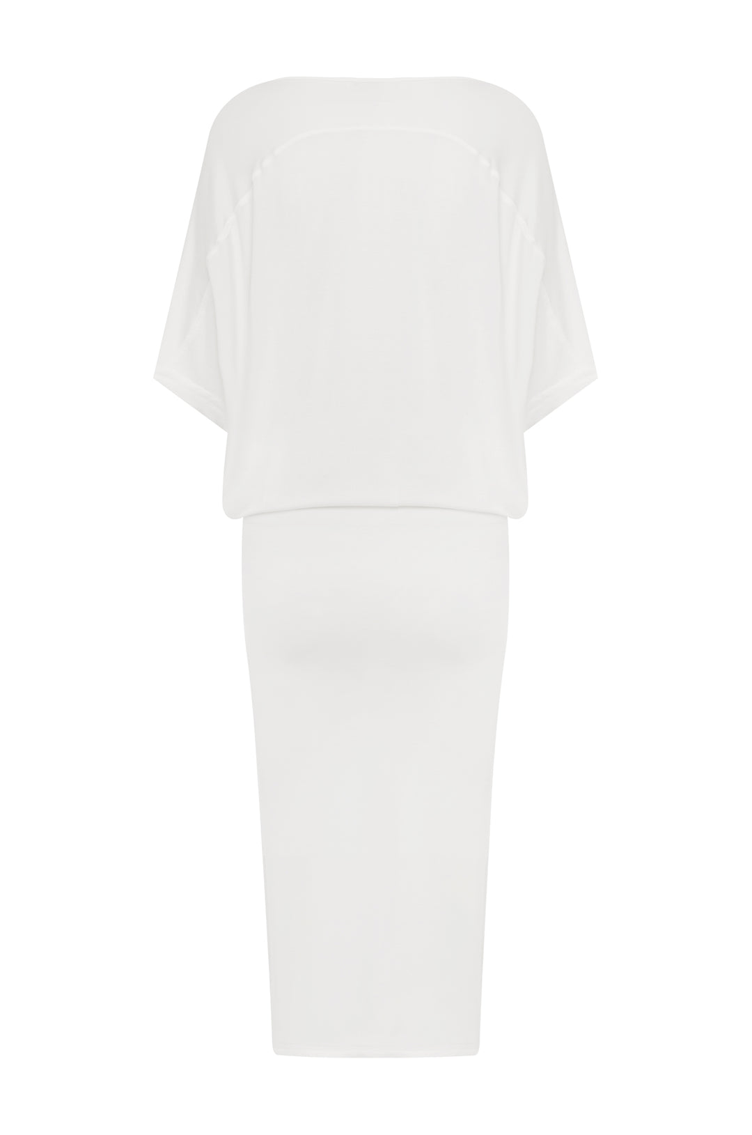 Back view of a white Vinnie midi dress with a relaxed neckline, fitted body, and raw edge hem.